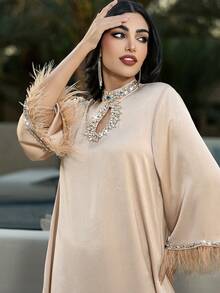 Layrah Handmade Rhinestone & Feather Trim Loose Arabic Maxi Dress Formal Elegant Party Uxury Evening Dresses Wedding Party Dress - Apricot - View 8