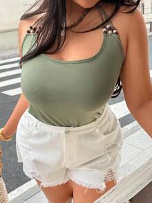 Calvaya Plus Size Women Solid Color Fitted Casual Beaded Camisole T-Shirt Halter Neck Top Cute Top Bead Decoration Top Women's Summer Top Tie Up Top - Olive Green - View 6