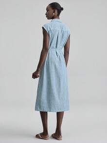 Ontre 2026 New Spring/Summer Women's Romantic Valentine's Day, Wedding Season, Holiday Dress, Pleated Collar Design Blue Striped Loose Fit Cinched Waist Shirt Dress, Suitable For Teacher's Day - Blue and White - View 3