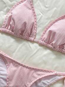 Swim Mod Women's Pink Striped Halter Bikini Set With Tie-Side Bottoms And Tie-Back Detail - Pink - View 5