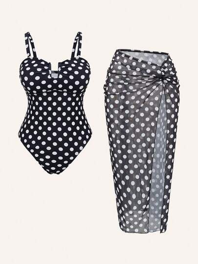 Swim Oasis Traje de baño de 2 piezas con lunares, escote en V sexy, drapeado, tirantes ajustables y falda de malla para mujer talla grande, ideal para vacaciones