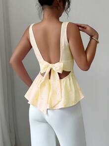 Elenzga 女士条纹圆领蝴蝶结印花后系带设计休闲百搭日常衬衫 - 淡黃色 - 查看 2