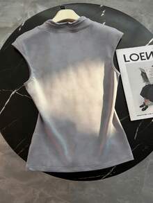 GlowEve Women's Summer Knitted Elastic Fitted V-Neck Drawstring Scarf Attached Shoulder Short Sleeve Hooded Casual Elegant T-Shirt - Grey - View 2