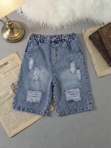 SHEIN Tween Boys' Fashionable Street-Style Slim-Fit Distressed Light Wash Blue Denim Shorts, Casual Versatile - Medium Wash - View 3