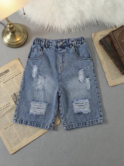 SHEIN Tween Boys' Fashionable Street-Style Slim-Fit Distressed Light Wash Blue Denim Shorts, Casual Versatile