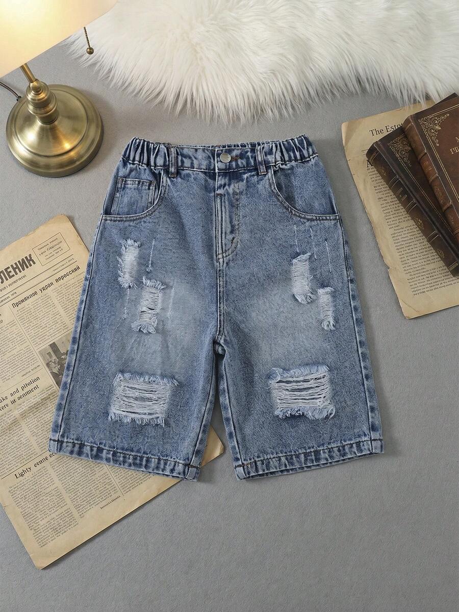 SHEIN Tween Boys' Fashionable Street-Style Slim-Fit Distressed Light Wash Blue Denim Shorts, Casual Versatile - Medium Wash - View 1