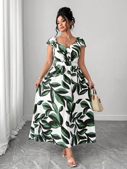 Elenzga Plus Size Women Summer Cap Sleeve Vacation Floral Print Dress