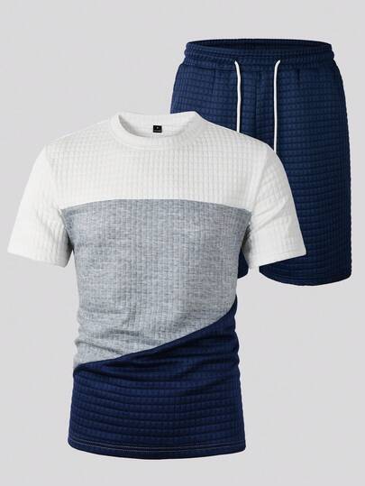Manfinity Homme Conjunto casual de camiseta de manga corta de cuello redondo con contraste de color y pantalones cortos con cordón en la cintura para hombre