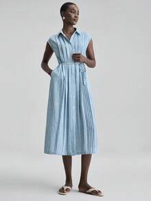Ontre 2026 New Spring/Summer Women's Romantic Valentine's Day, Wedding Season, Holiday Dress, Pleated Collar Design Blue Striped Loose Fit Cinched Waist Shirt Dress, Suitable For Teacher's Day - Blue and White - View 5