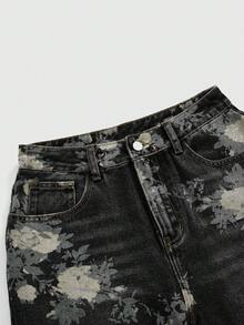 ROMWE Fairycore Vintage Floral Print Washed Loose Wide-Leg Jeans For Women - Black - View 2