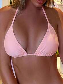 Swim Basics 女士性感露背系带挂脖比基尼上衣，简约纯色，适合海滩和度假穿着 - 淺粉色 - 查看 4