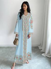 SHEIN Najma 女士花卉植物数码印花浅蓝色V领长袖优雅阿拉伯风格长款连衣裙，春秋季 - 彩色 - 查看 4