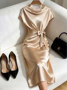 GlowEve 女士优雅系带中长连衣裙，适合派对穿着 - 杏色 - 查看 7