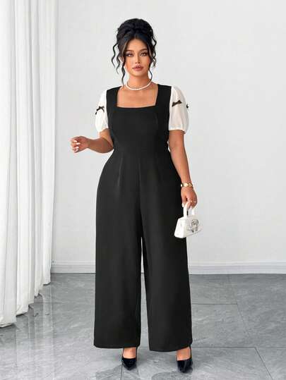 Elenzga Plus Size Women's Elegant Casual Minimalist Square Neck Design White Chiffon Patchwork Puff Sleeve Bow Decor Waist Tie Jumpsuit