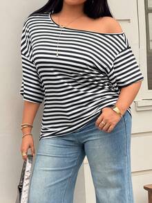 Easura 大码女式不对称条纹露肩短袖时尚T恤 - 黑與白 - 查看 5