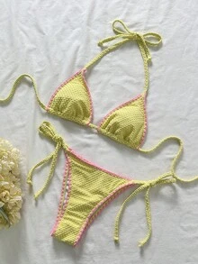 Swim Mod Women's Jacquard Fabric Halter Neck Shell Trim Bikini Set, Spring/Summer - Yellow - View 2