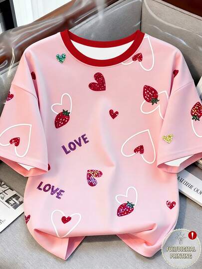 Resyla Women's Casual Strawberry Letter Print Round Neck Short Sleeve T-Shirt, Versatile For Daily Wear