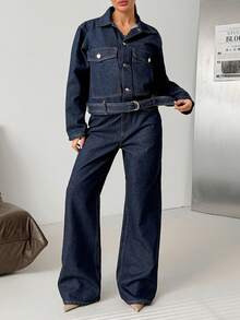 SHEIN Denim Woman Two Pieces Set High Waist Denim Jean And Denim Belted Jacket - Dark Wash - View 4