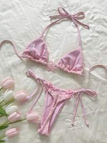 Swim Mod Set Bikini Halter Wanita Warna Pink dengan Detail Bunga dan Bagian Bawah dengan Tali Samping - Berwarna merah muda - View 4