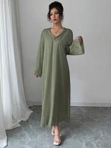 Yasmyna 女士宽松红色连帽长袖阿拉伯风格连衣裙 - 綠色 - 查看 5