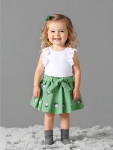 2pcs Baby Girls' Knit Ruffle Trim Top And Embroidered Waist Belt Skirt Set, Casual Summer Outfit - White - View 1
