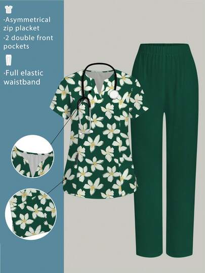 TaskEZ 2pcs Floral & Plant Cartoon Print V-Neck Short Sleeve Pocket Nurse Uniform Set With Split Design, Casual Outfit For Spring/Summer, Scrubs Set