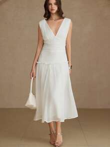Aveloria Rosie Lightweight Chiffon Fabric, Pure White, Minimalist Modern Style, Deep V-Neck Design, Ruched Waist Element, Ruffled Hem, Soft Material, A-Line Floating Silhouette, Elegant Flowing Feel, Slimming Fit, Romantic Date, Summer Party, Beach Vacation, Bridesmaid, Art Exhibition, Evening Gala, Multi-Occasion Suitable. Fashionable Design Sense, Versatile Casual Women V-Neck Ruched Waist Sleeveless Long Dress - White - View 1