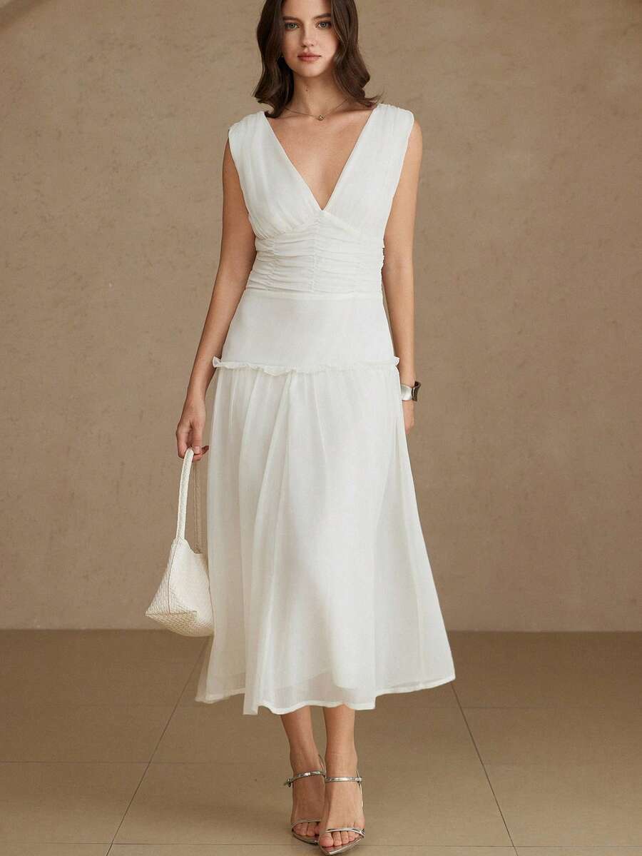 Aveloria Rosie Lightweight Chiffon Fabric, Pure White, Minimalist Modern Style, Deep V-Neck Design, Ruched Waist Element, Ruffled Hem, Soft Material, A-Line Floating Silhouette, Elegant Flowing Feel, Slimming Fit, Romantic Date, Summer Party, Beach Vacation, Bridesmaid, Art Exhibition, Evening Gala, Multi-Occasion Suitable. Fashionable Design Sense, Versatile Casual Women V-Neck Ruched Waist Sleeveless Long Dress - White - View 1