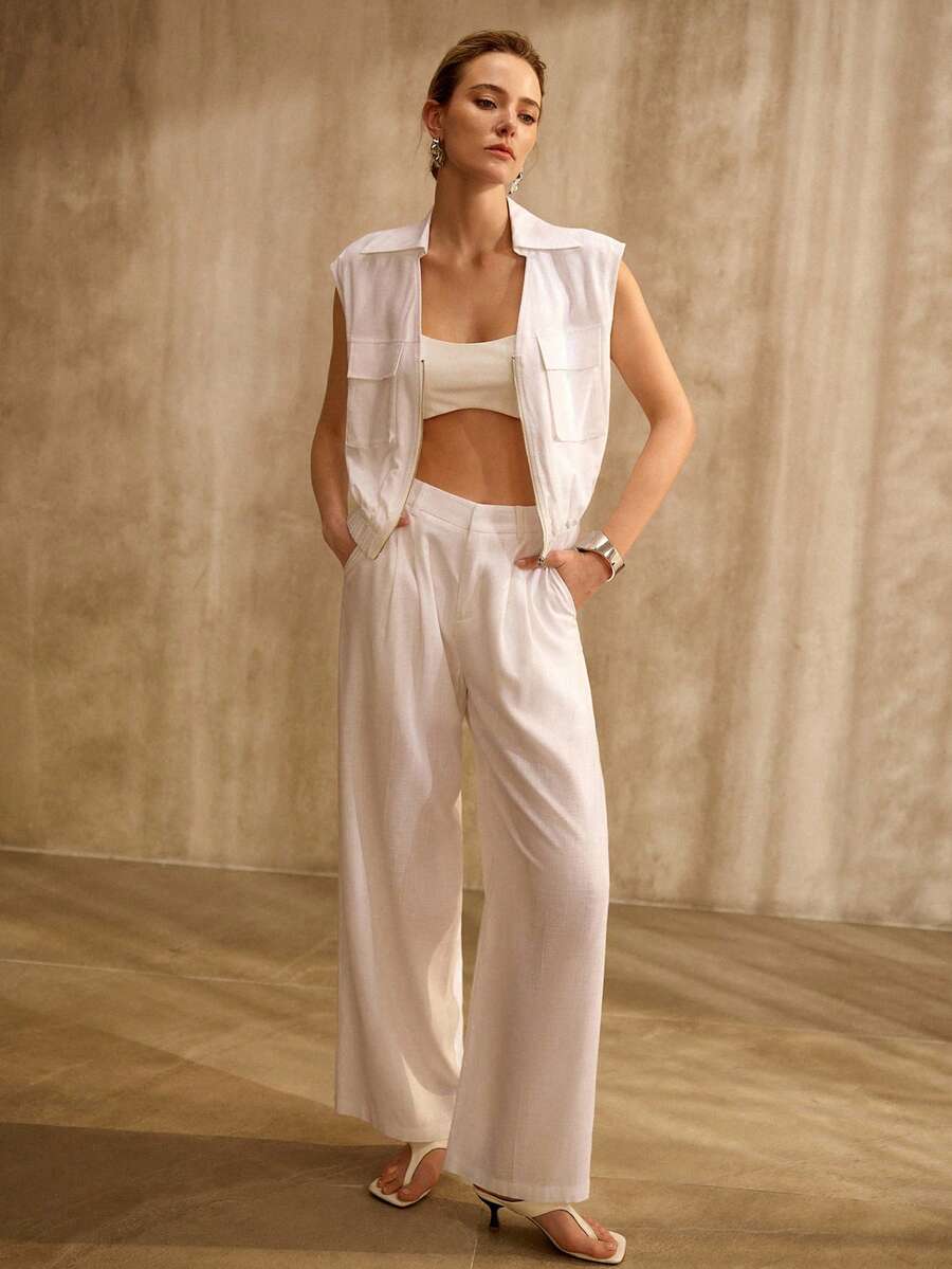 MOTF PREMIUM WOMEN'S WHITE FOLDED HEM LINEN BASIC ELEGANT OFFICE SUIT PANTS - White - View 2