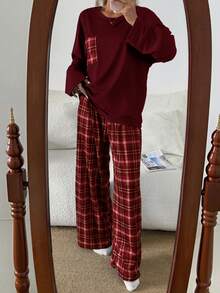 Dream Adore Women's Casual Loose Plaid Print Pajama Set - Burgundy - View 5