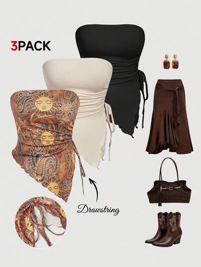 SHEIN MOD Plus Size Asymmetric Hem Tie Front Camisole Tops, Suitable For Summer Vacation Outfits.Plus Size Strapless Bandana Tops Sun And Paisley Print Solid Black Solid Beige Ruched Sides Adjustable Tie Detail Asymmetrical Hem Stretchy Fit Soft Sheen Lightweight Material Artistic Pattern Boho Style Creative Design Smooth Texture Easy Pull-On Comfortable Feel Vibrant Earthy Tones Elegant Drape