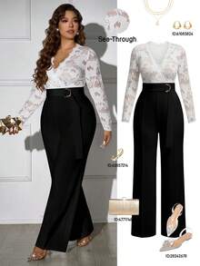 Femmeverse Mono blanco de talla grande para mujer con cuello en V, manga larga y ajustado - Blanco y Negro - Ver 1