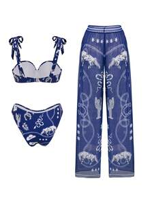 Swim Oasis 女士性感聚拢钢圈比基尼套装，交叉肩带印花设计 + 配套薄纱沙滩裤，春夏款 - 藏蓝色 - 查看 3