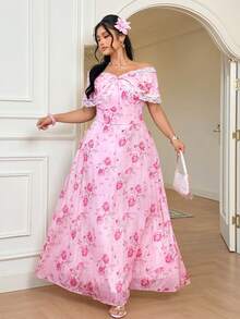 Celure 大码女士优雅玫瑰花卉露肩蕾丝网纱公主风连衣裙，适合情人节穿着 - 粉色 - 查看 4