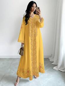 SHEIN Najma Women's Floral Digital Print V-Neck Long Sleeve Elegant Arabic Style Dress, Spring/Autumn, Yellow Maxi Dress Women, Dress Modest, Long Sleeve Summer Dresses Embroidered Dresses For Women Motif Dresses For Women - Multicolor - View 1