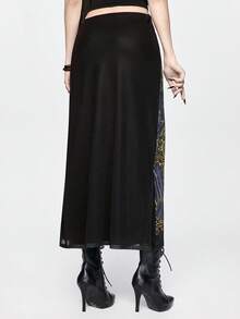 Goth Chinese Style Deity Flame Headdress Dharma Wheel Sutra Text Print Women's Skirt - Black - View 3