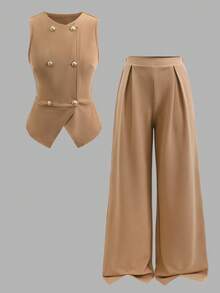 Bộ đồ nữ tuổi teen thanh lịch, phong cách thường ngày, đi làm, đường phố, gồm áo vest không tay màu trơn dệt kim có cúc kim loại và quần ống đứng. - Màu Khaki - Xem 2