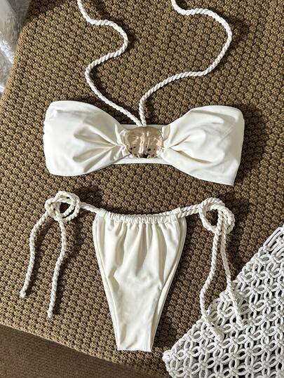 Swim Mod 女士纯色挂脖金属装饰编织系带比基尼套装，春夏款