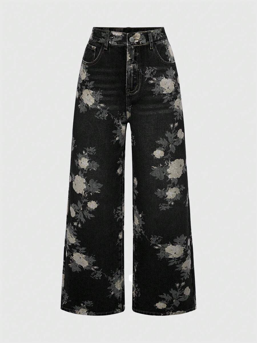 ROMWE Fairycore Vintage Floral Print Washed Loose Wide-Leg Jeans For Women - Black - View 1