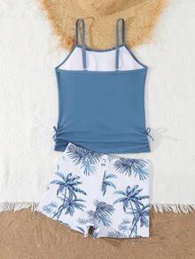 少女热带棕榈树印花吊带背心式泳衣，上衣侧边饰有荷叶边和蝴蝶结，搭配热带棕榈树印花泳裤，两件套泳装，时尚休闲优雅，适合游泳、夏季度假、海滩、泳池、节日派对等场合。 - 彩色 - 查看 2