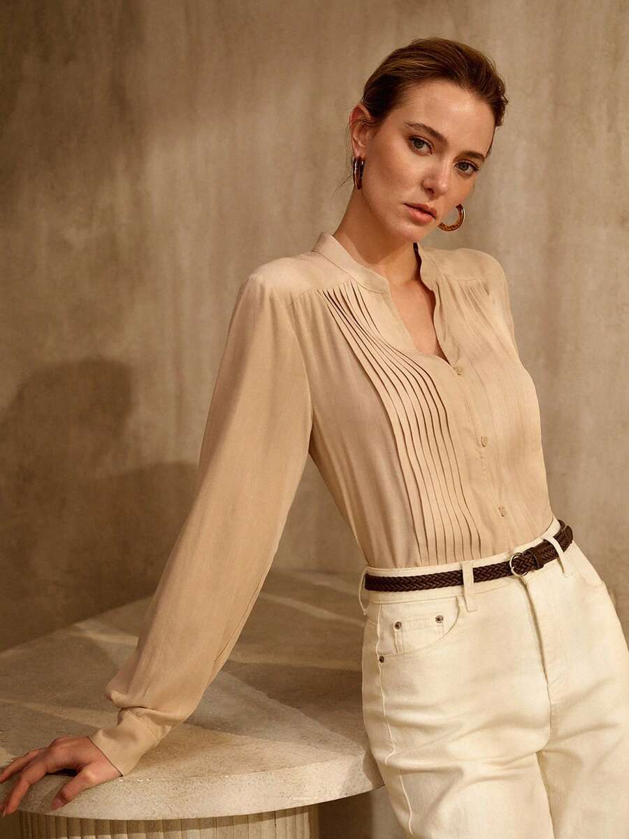 MOTF PREMIUM Áo sơ mi nữ dáng rộng, chất liệu vải dệt họa tiết kẻ sọc, thiết kế thời trang đa năng, thích hợp cho mùa xuân/hè. - Màu Hồng Tươi - Xem 1