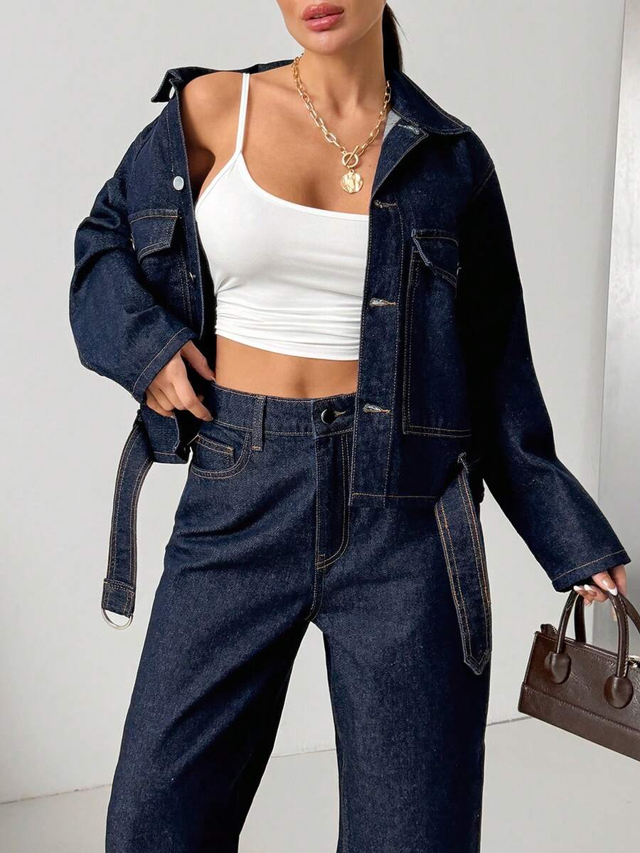 SHEIN Denim Woman Two Pieces Set High Waist Denim Jean And Denim Belted Jacket - Dark Wash - View 1
