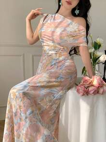 Modelyn 女士褶皱腰身修身斜肩印花连衣裙，春夏款 - 彩色 - 查看 8