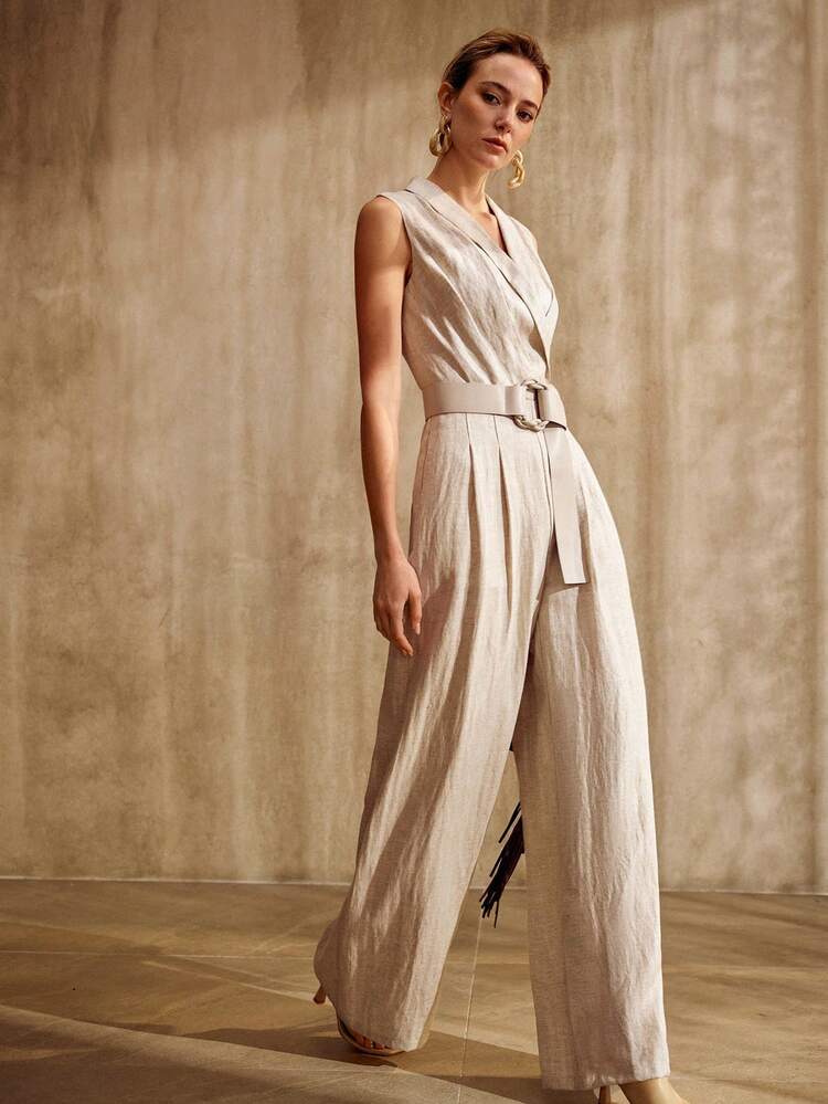 LINEN SLEEVELESS JUMPSUIT WITH BELT, VINTAGE STYLE, SPRING/SUMMER