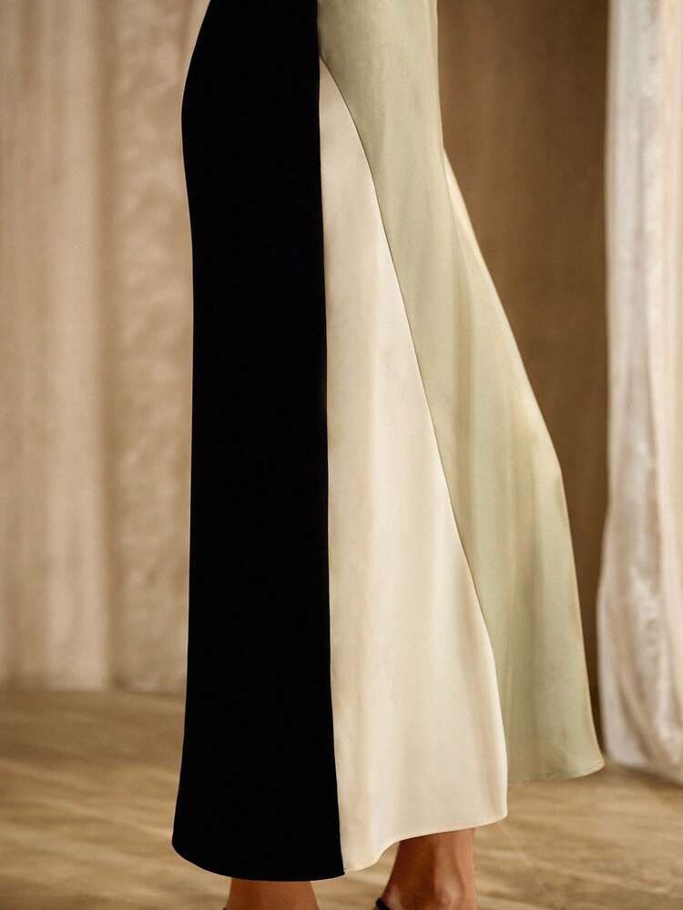SLEEVELESS CONTRAST COLOR COWL NECK MAXI SATIN DRESS, SPRING/SUMMER