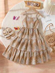 SHEIN Genkimix Kids Young Girl Vacation Beachside Bowknot Camisole Dress,Holiday,Summer,Travel - Khaki - View 5