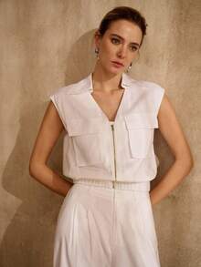 MOTF PREMIUM WOMEN'S WHITE SLEEVELESS LOOSE ZIP ELASTIC WAIST ELEGANT COMMUTER BLAZER - White - View 6