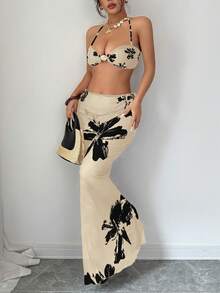 Selianne Bộ bikini 3 mảnh mới dành cho nữ, họa tiết hoa và trang trí vỏ sò, gồm áo hở lưng và váy maxi lưới, trang phục bơi lội mùa hè cho kỳ nghỉ. - Nhiều màu - Xem 6