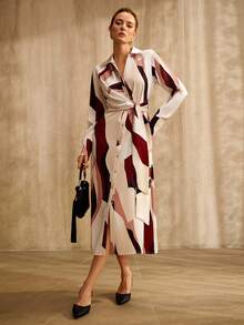 MOTF PREMIUM GEOMETRIC COLOR BLOCK PRINT LONG SLEEVE SHIRT DRESS, VINTAGE STYLE, SPRING/SUMMER - Multicolor - View 5