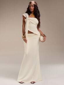 Normani 女士夏季度假纯色华夫格美人鱼裙摆半身裙 - 杏色 - 查看 3